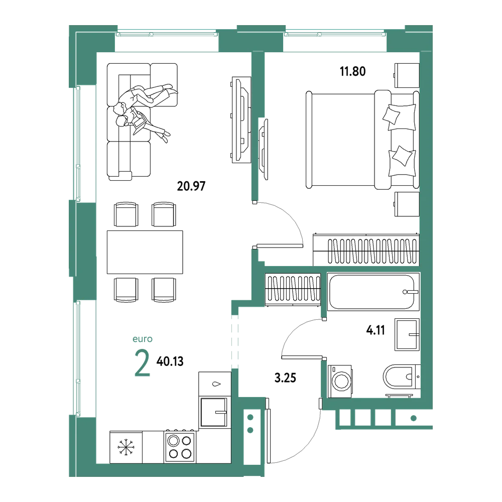 Планировка: Евродвушка 40,13 м²