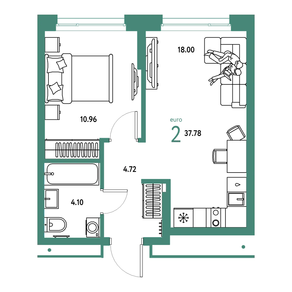 Планировка: Евродвушка 37,78 м²