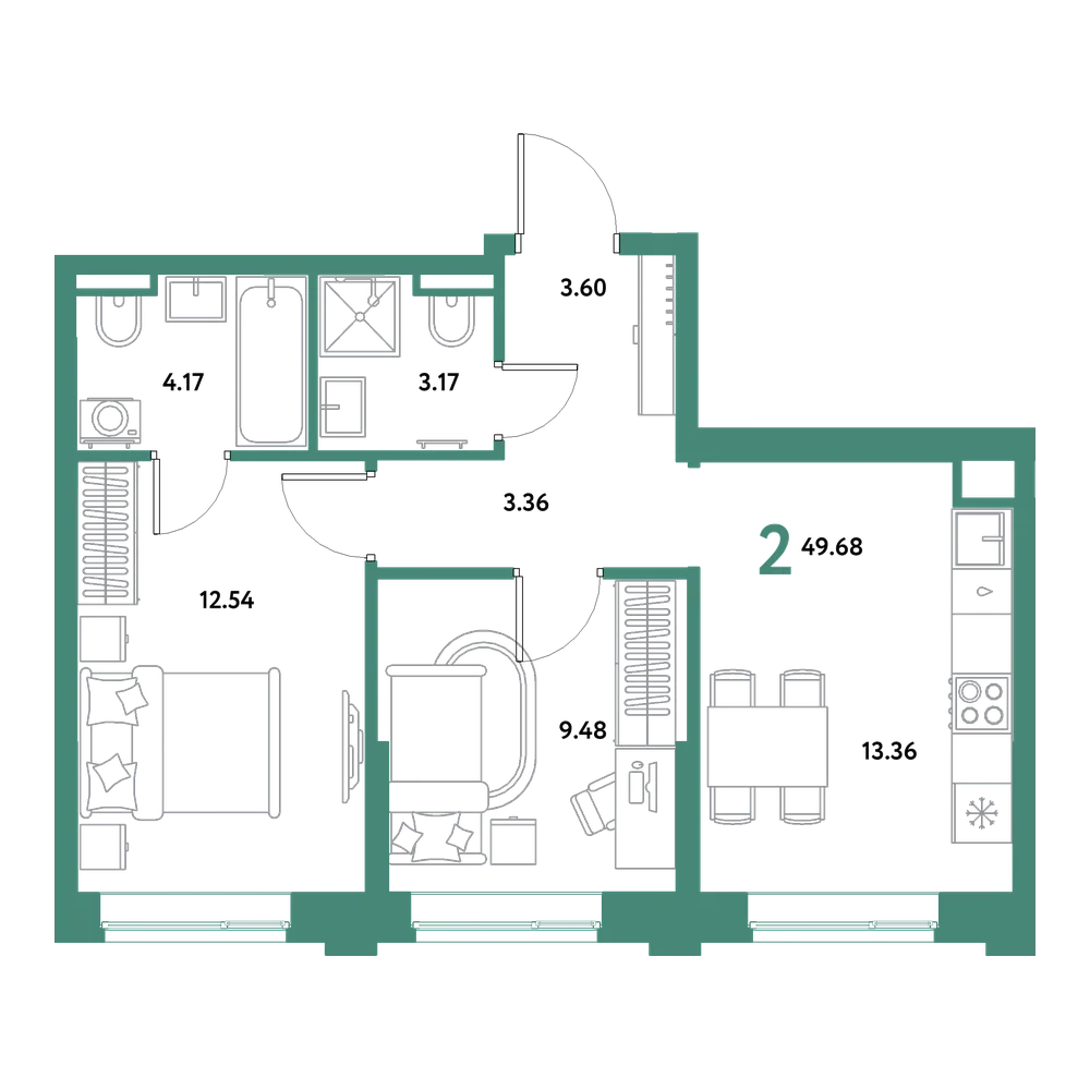 Планировка: 2-комнатная 49,68 м²