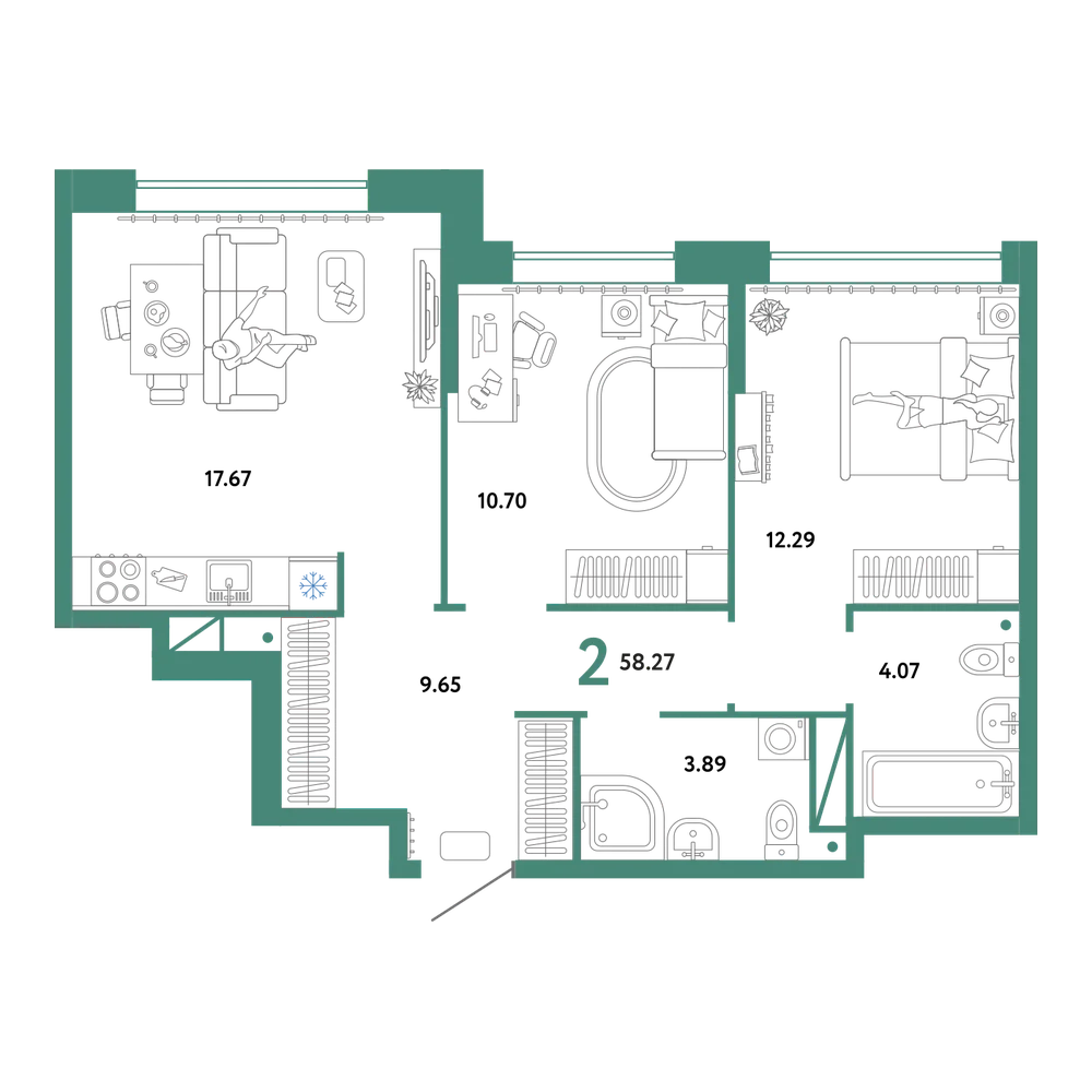Планировка: 2-комнатная 58,27 м²