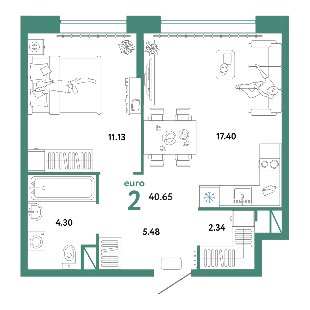 Планировка: Евродвушка 40,65 м²
