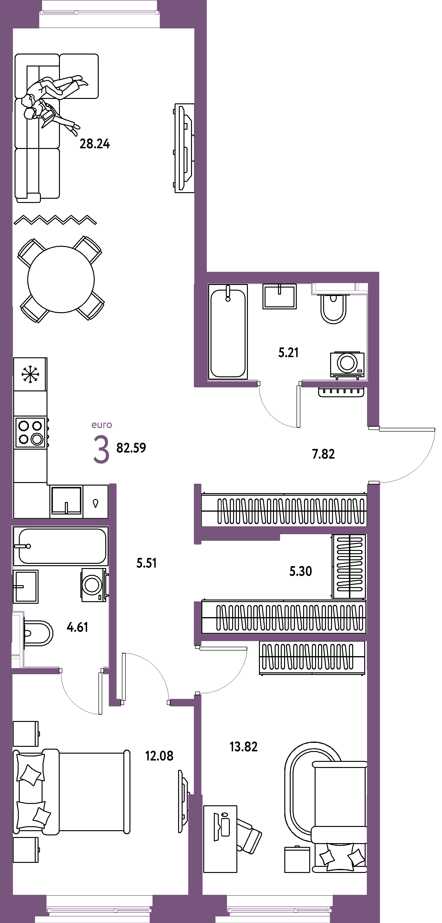 Планировка: Евротрёшка 82,61 м² в ЖК «Остров-сад»