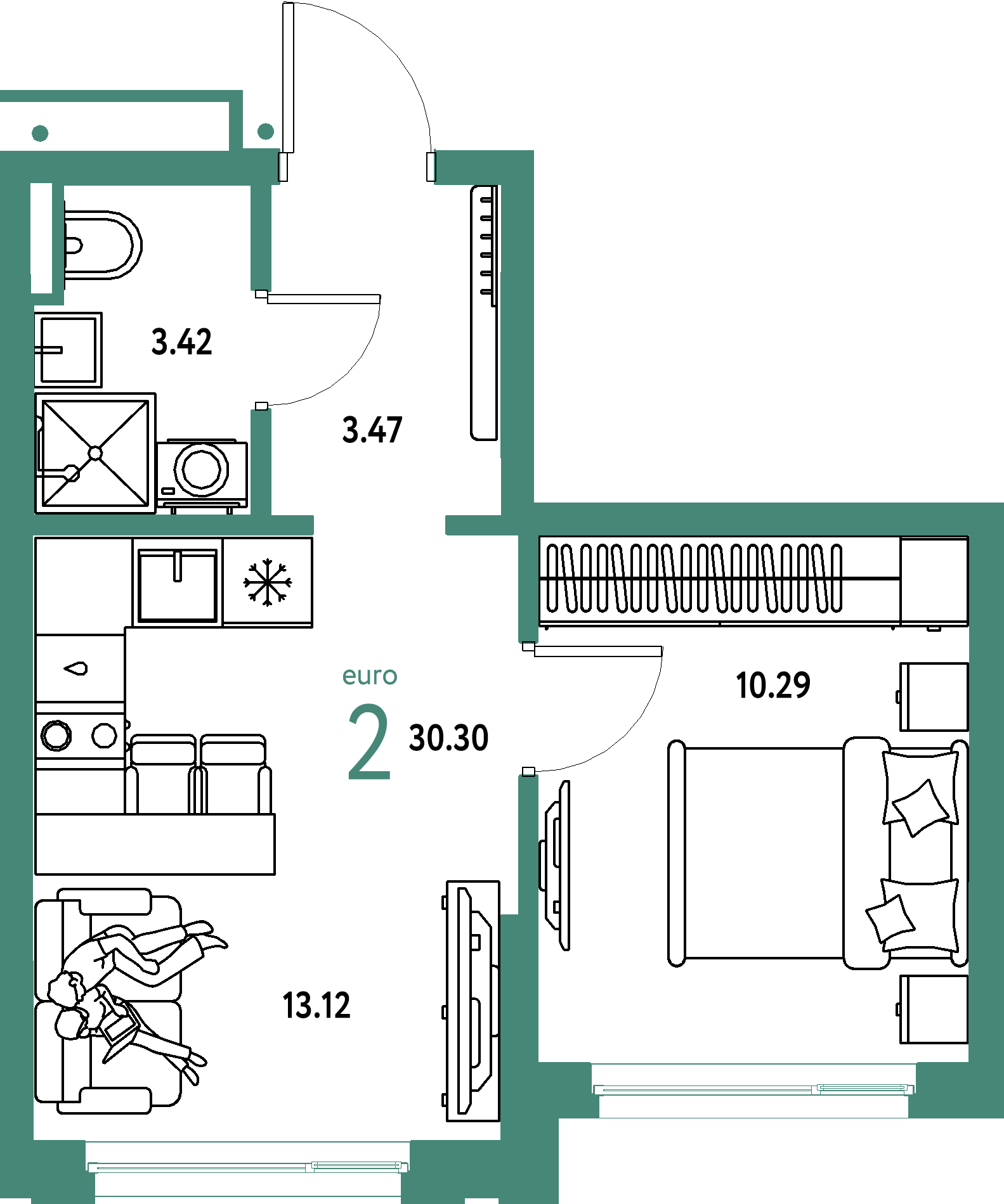 Планировка: Евродвушка 30,3 м² в ЖК «Страна.Прибрежная»