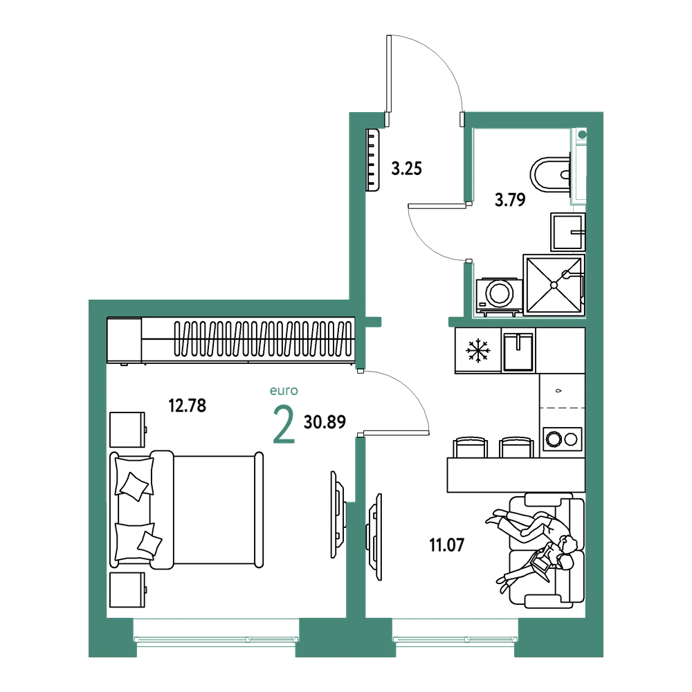 Планировка: Евродвушка 30,89 м²