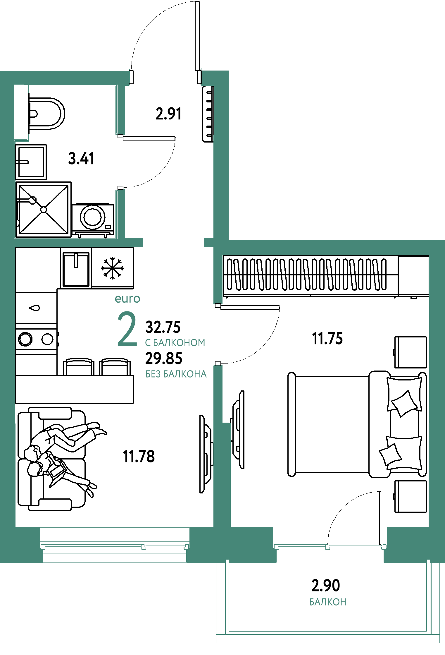 Планировка: Евродвушка 32,75 м² в ЖК «Остров-сад»