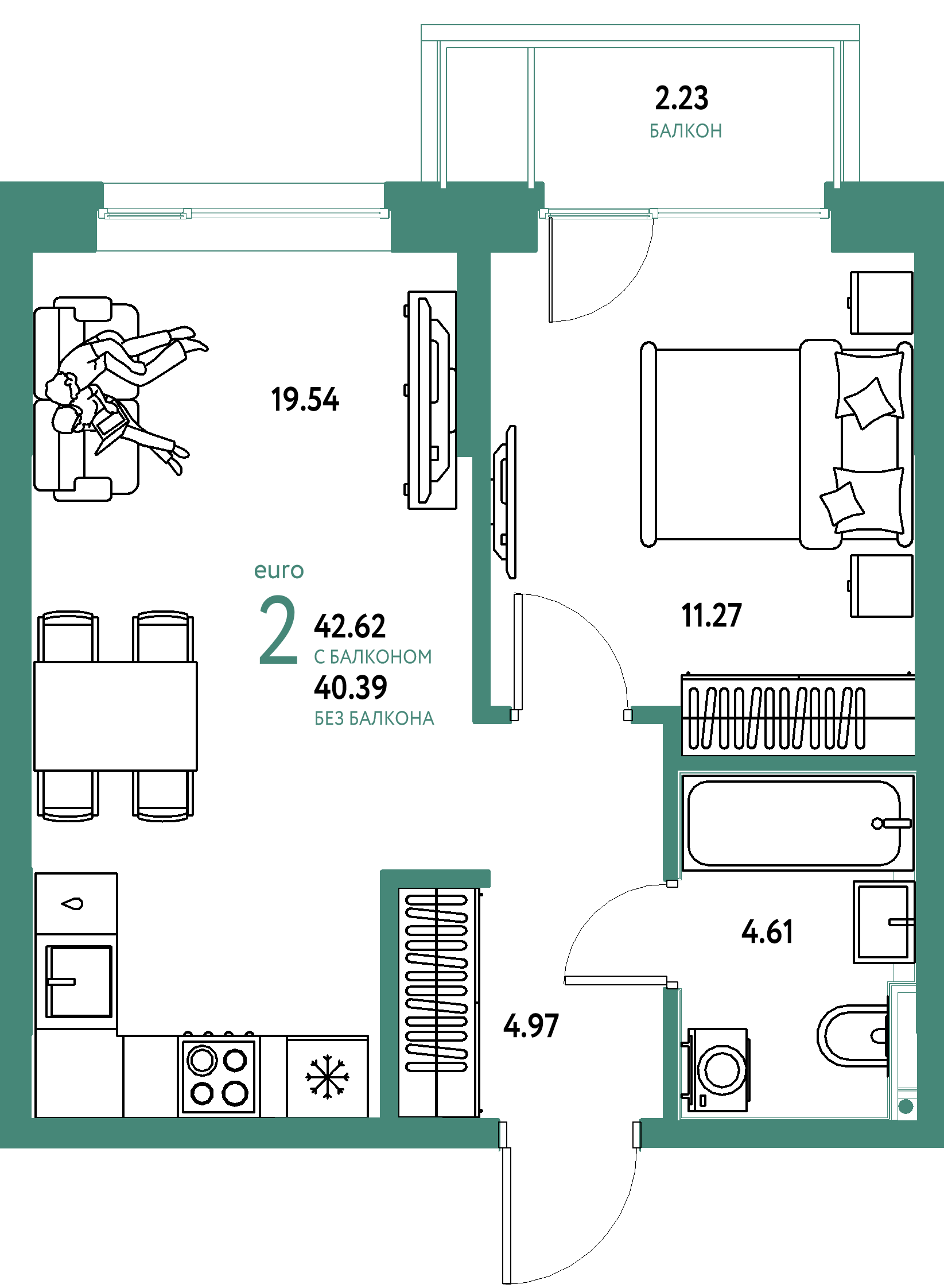 Планировка: Евродвушка 42,62 м² в ЖК «Остров-сад»