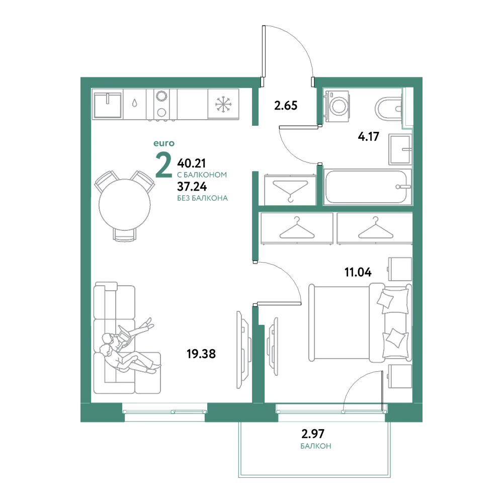 Планировка: Евродвушка 40,21 м²