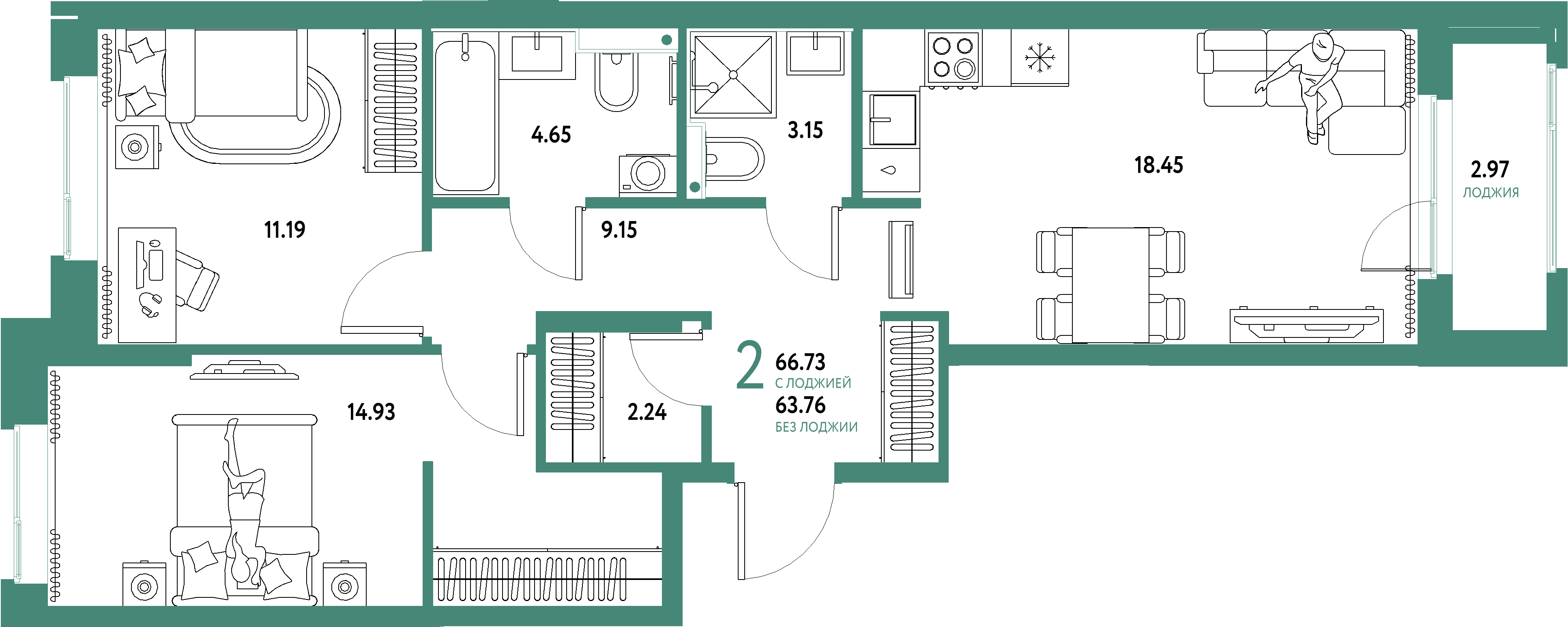 Планировка: 2-комнатная 66,73 м² в ЖК «Домашний»