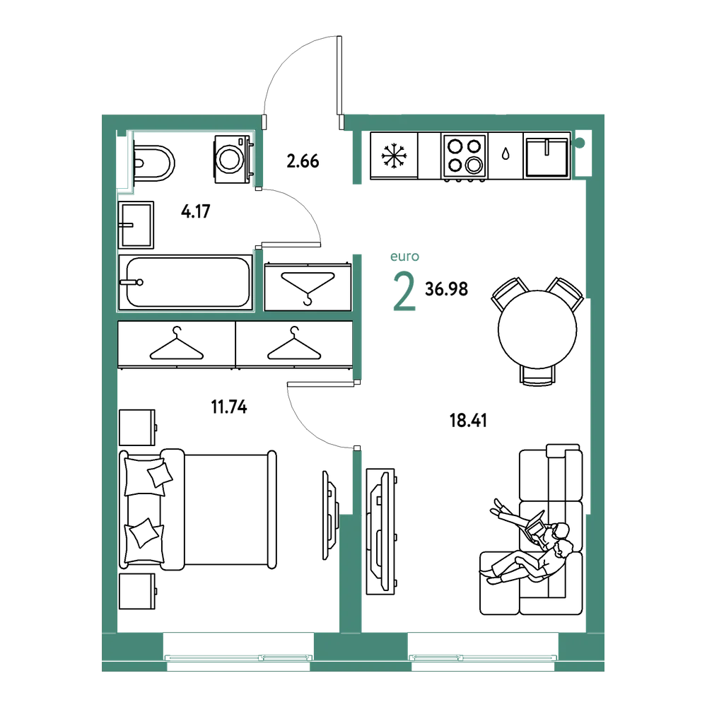 Планировка: Евродвушка 36,98 м²