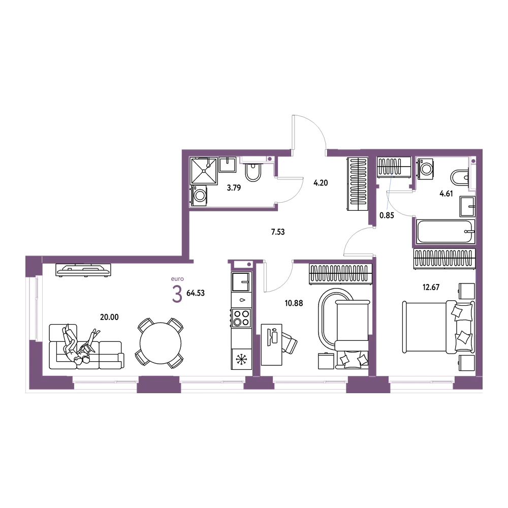 Планировка: Евротрёшка 64,64 м²
