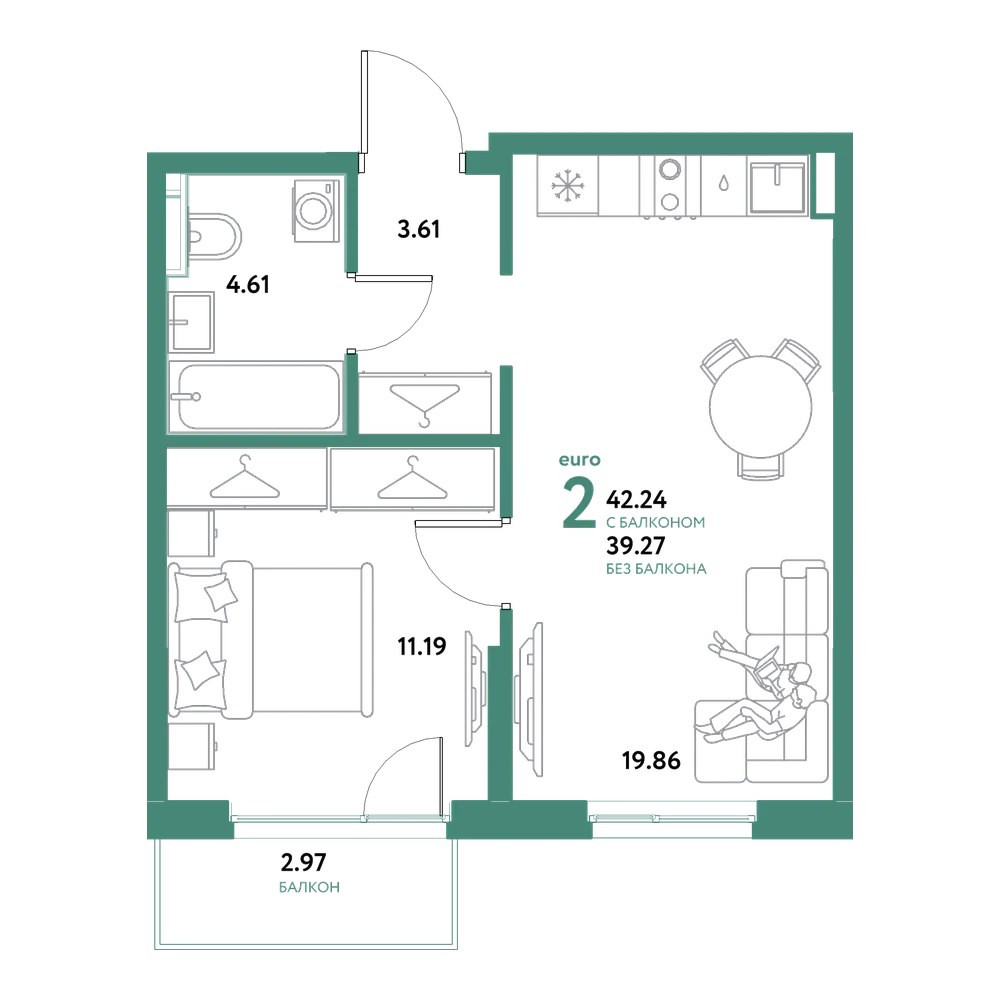 Планировка: Евродвушка 42,24 м²