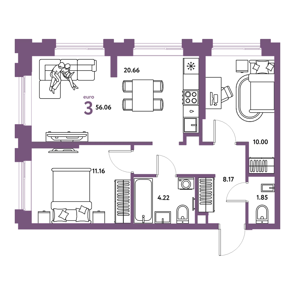 Планировка: Евротрёшка 56,06 м²