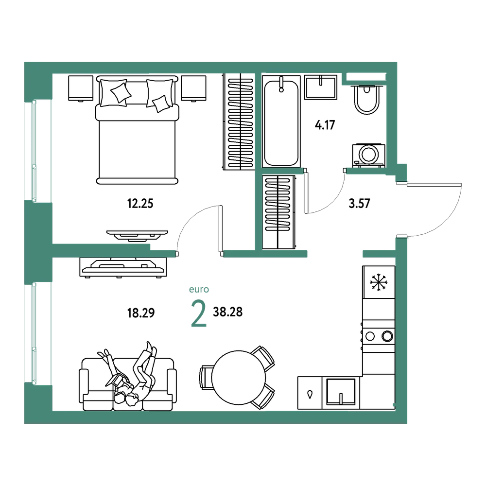 Планировка: Евродвушка 38,28 м²