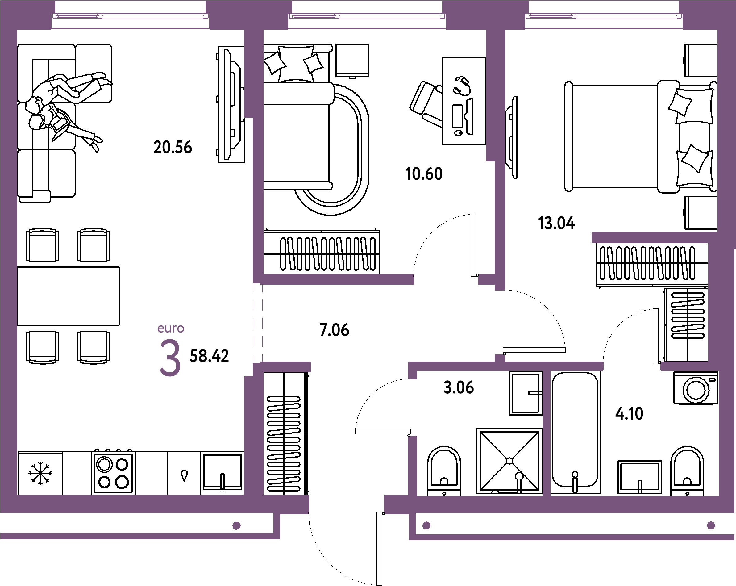 Планировка: Евротрёшка 58,42 м² в ЖК «Домашний»