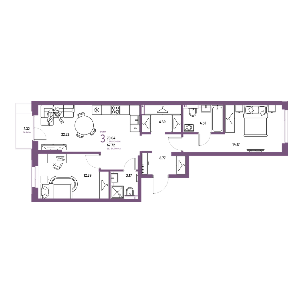 Планировка: Евротрёшка 70,04 м²