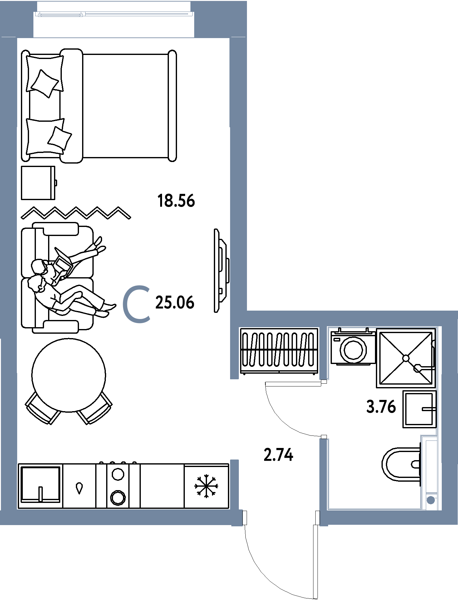 Планировка: Студия 25,06 м² в ЖК «Домашний»