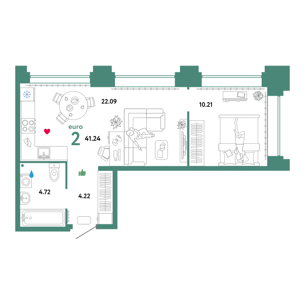 Планировка: Евродвушка 41,24 м²