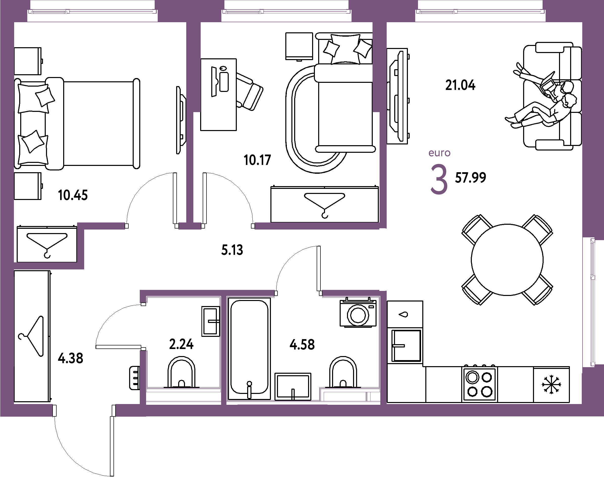 Планировка: Евротрёшка 57,99 м² в ЖК «Европейский берег 2.0»