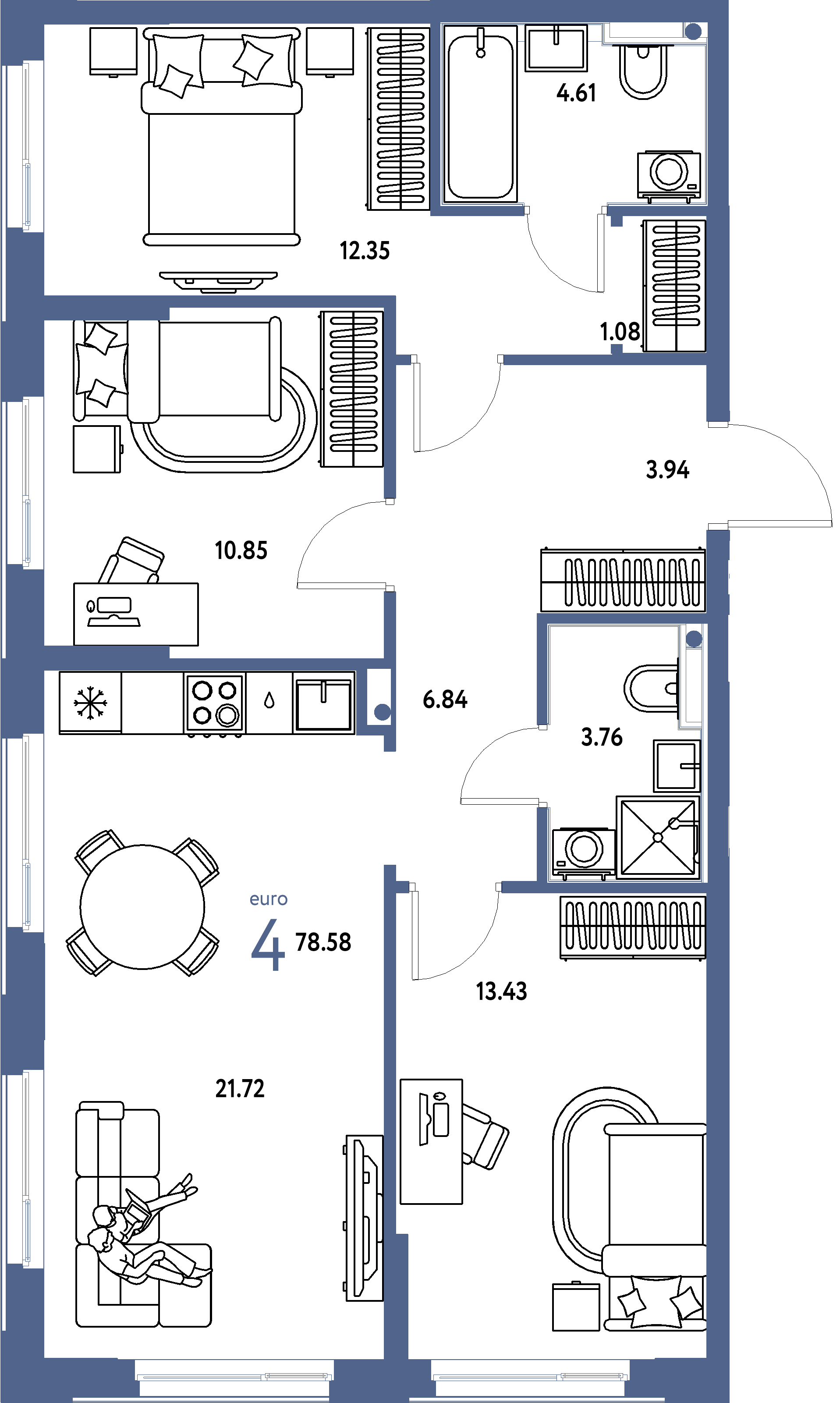 Планировка: Евро-4 78,58 м² в ЖК «Домашний»