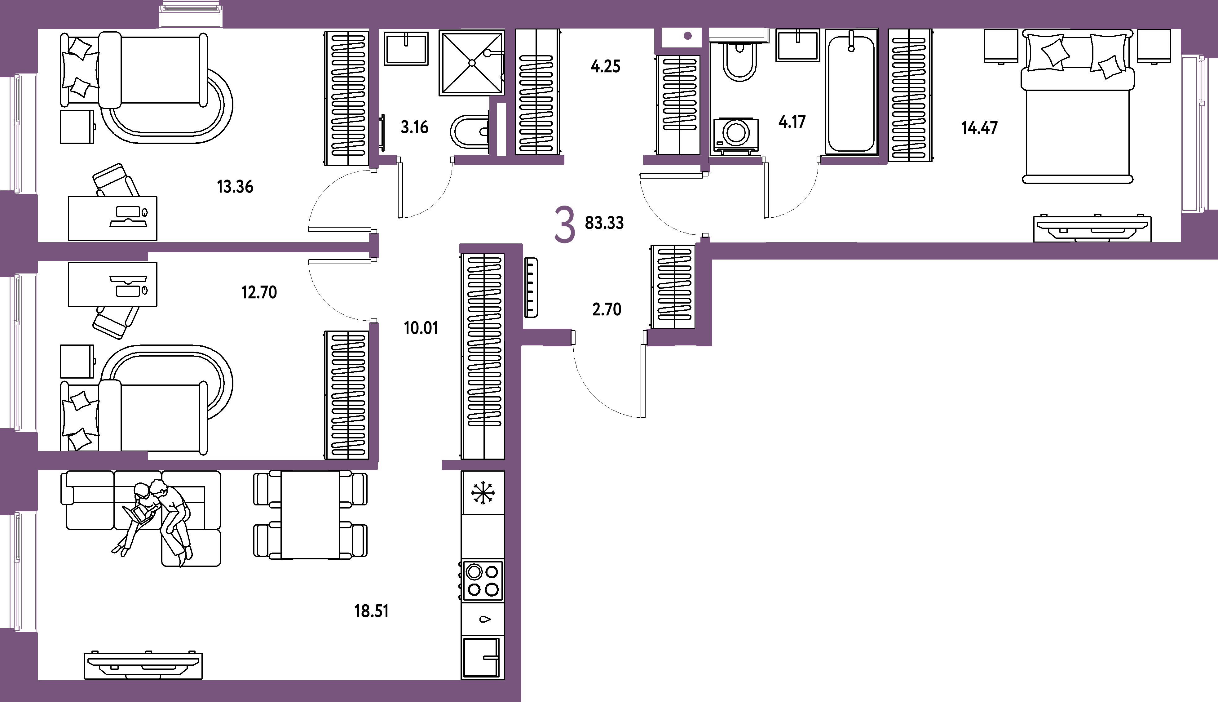 Планировка: 3-комнатная 83,33 м² в ЖК «Остров-сад»