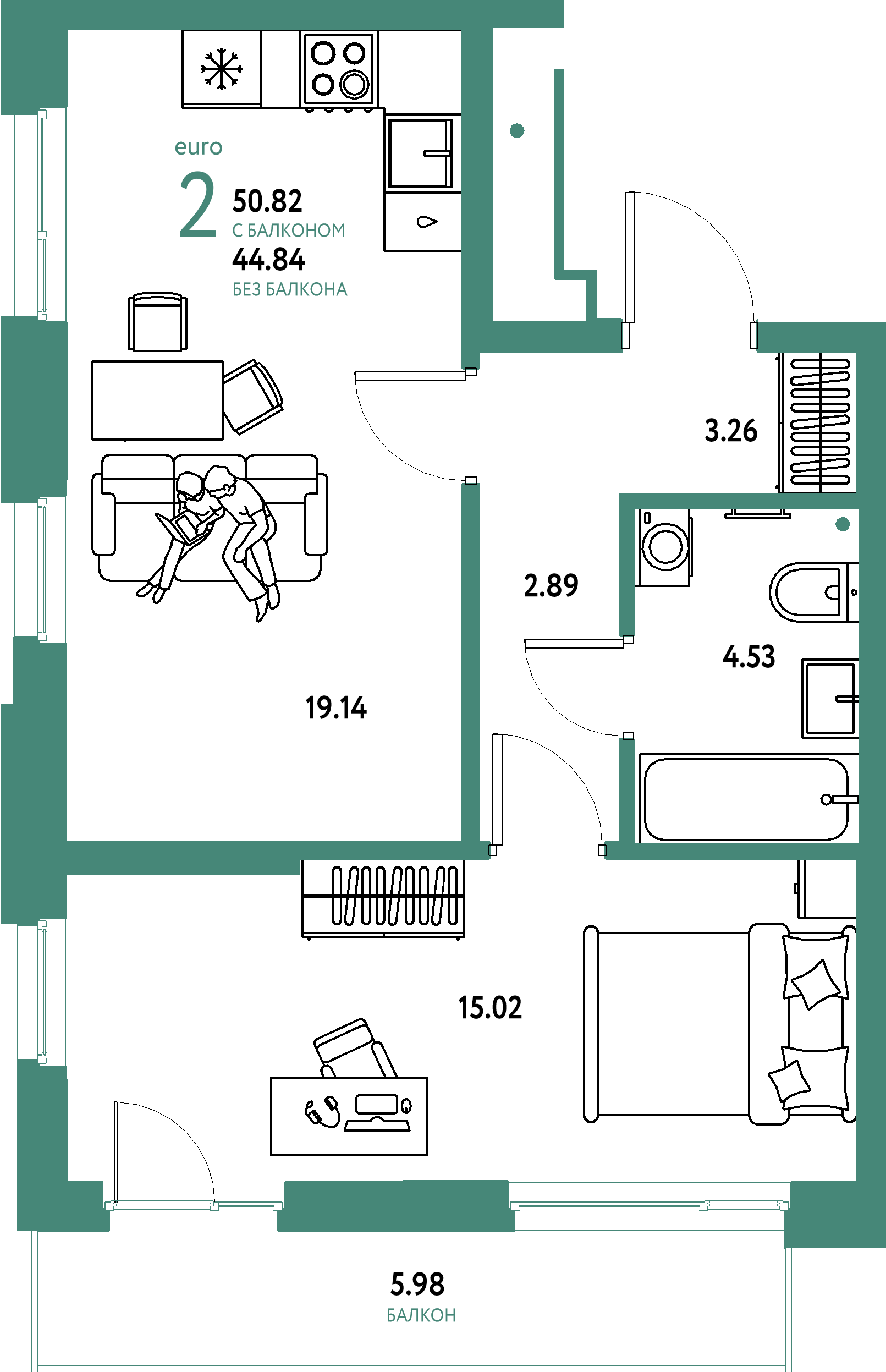 Планировка: Евродвушка 50,82 м² в ЖК «Домашний»
