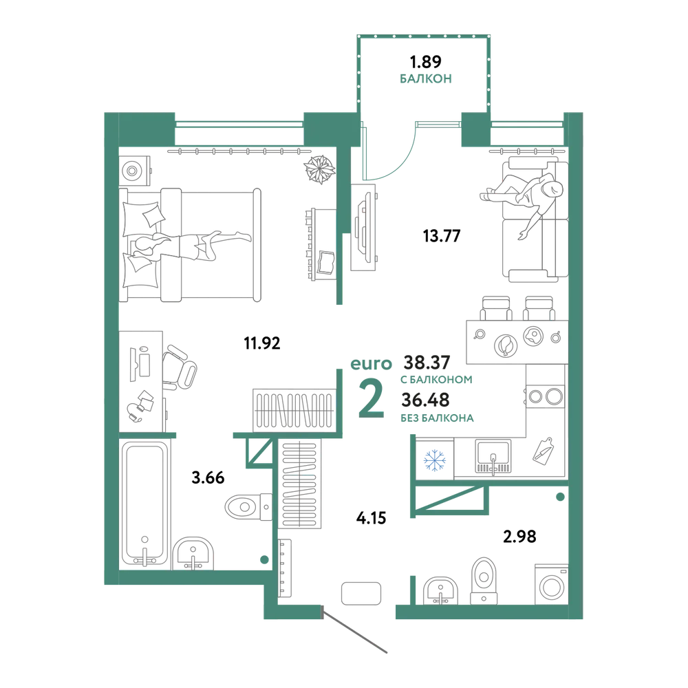 Планировка: Евродвушка 38,37 м²