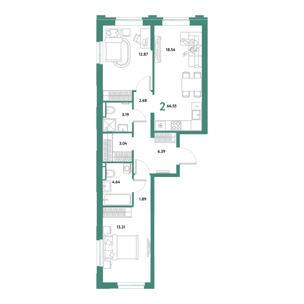 Планировка: Евродвушка 66,55 м²