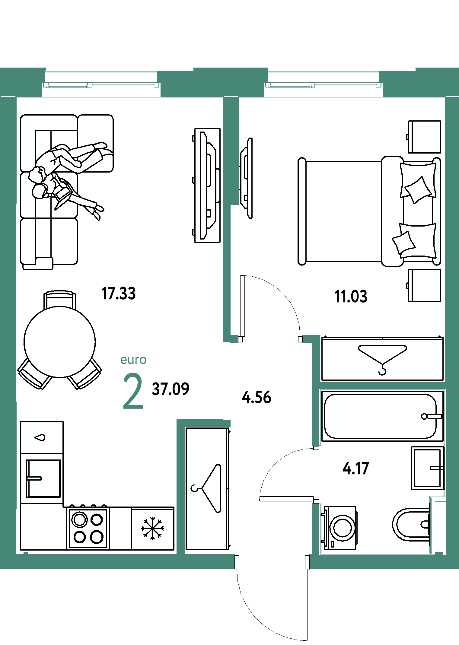 Планировка: Евродвушка 37,09 м² в ЖК «Европейский берег 2.0»
