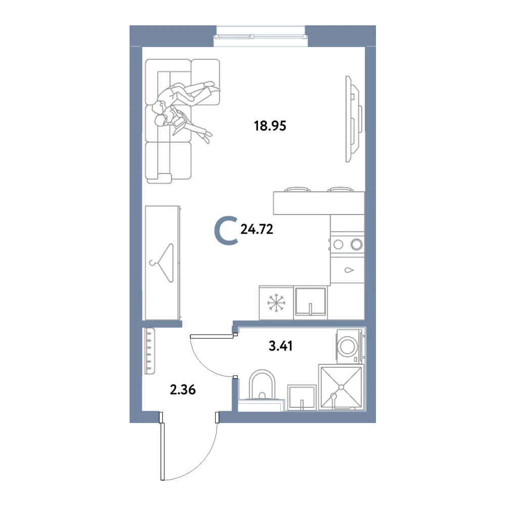 Планировка: Студия 24,72 м²