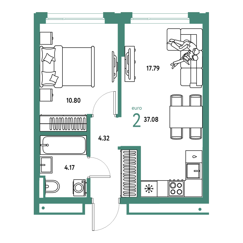 Планировка: Евродвушка 37,08 м²