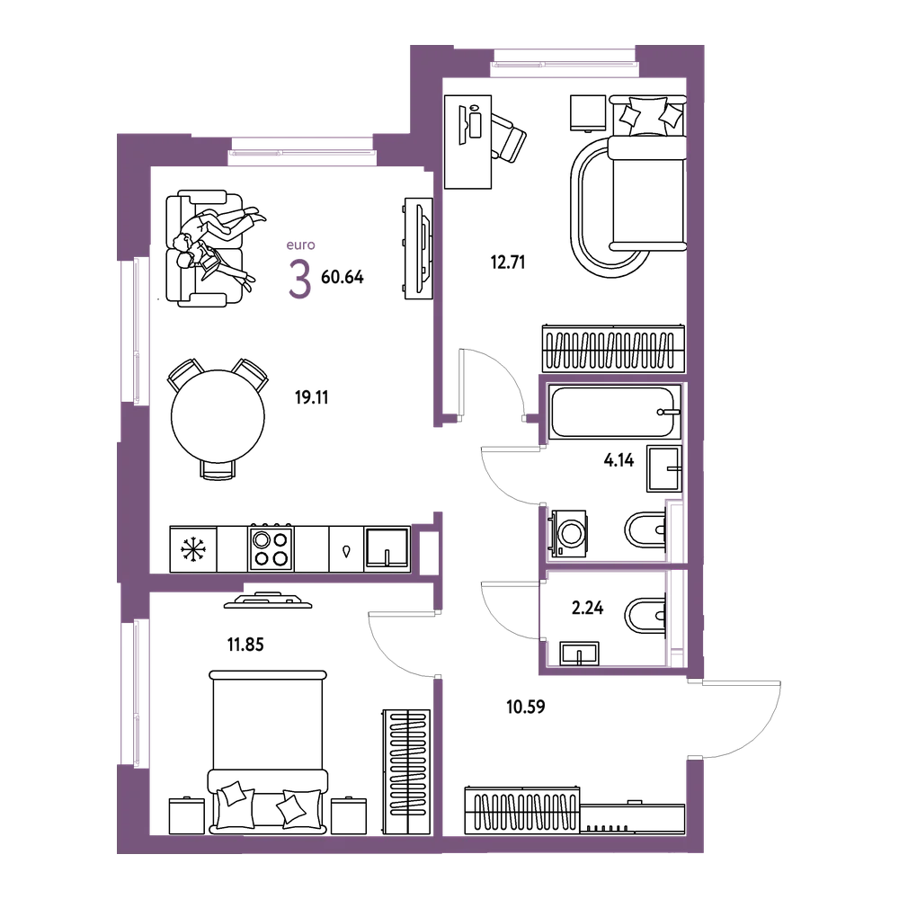 Планировка: Евротрёшка 60,64 м²