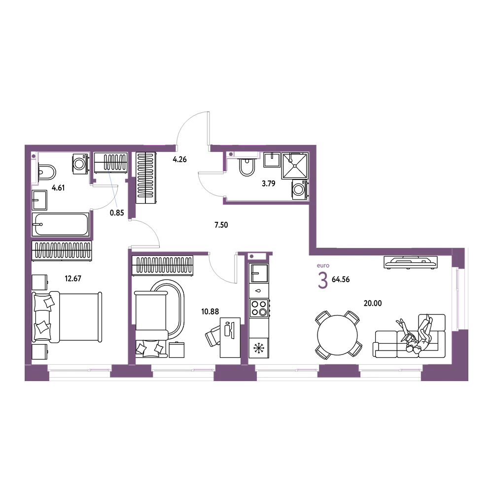 Планировка: Евротрёшка 64,67 м²