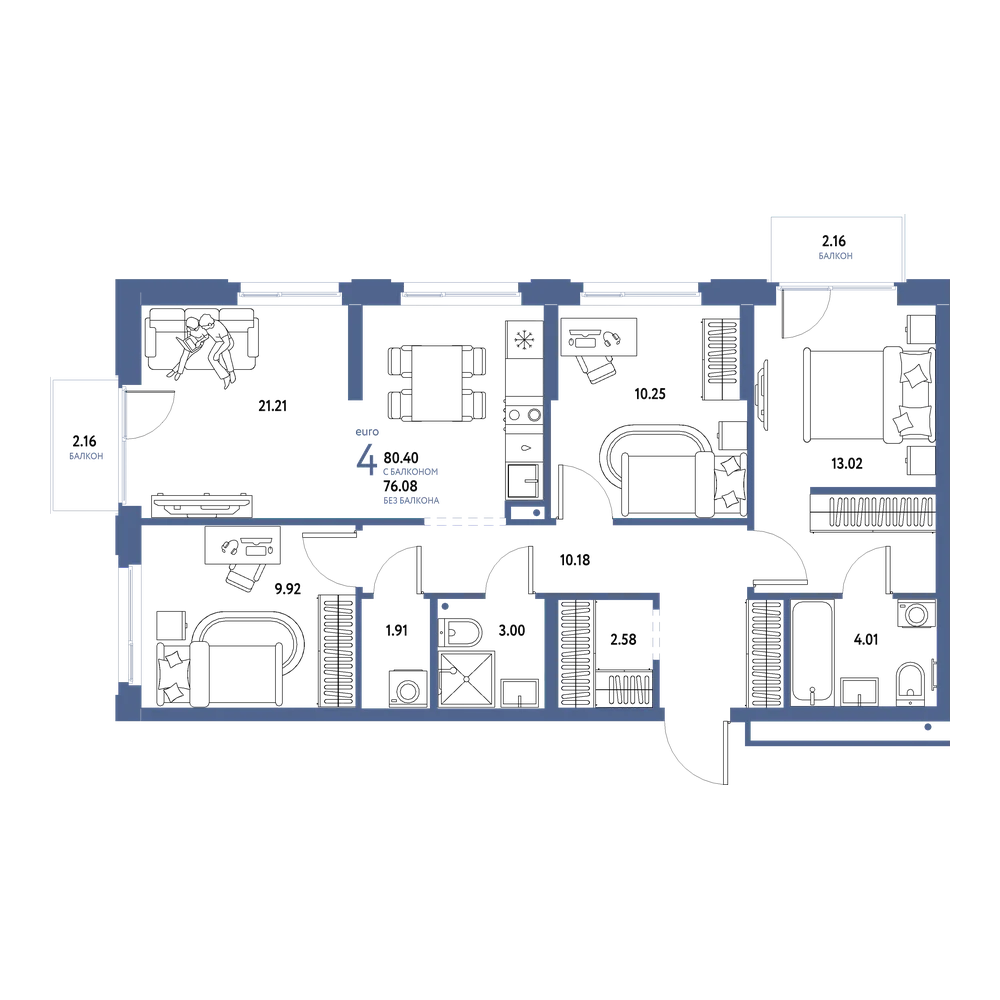 Планировка: Евро-4 80,4 м²