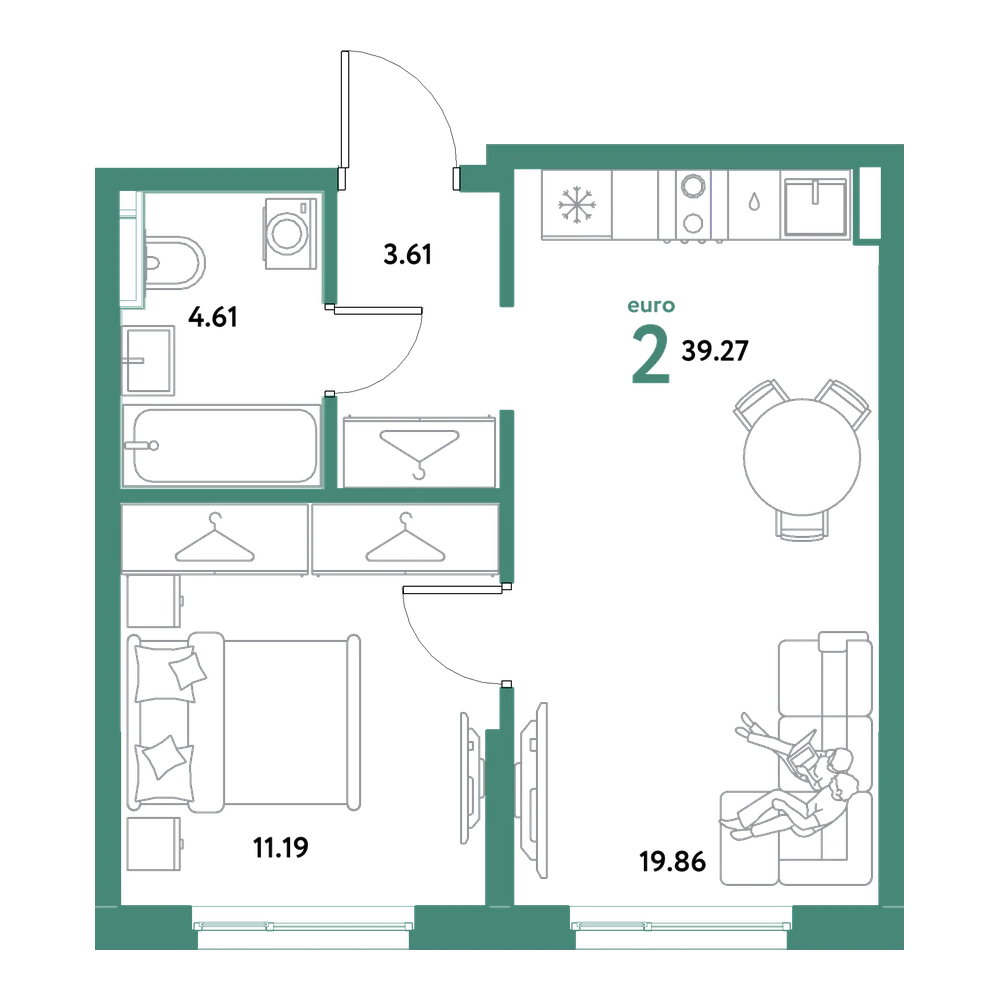 Планировка: Евродвушка 39,27 м²