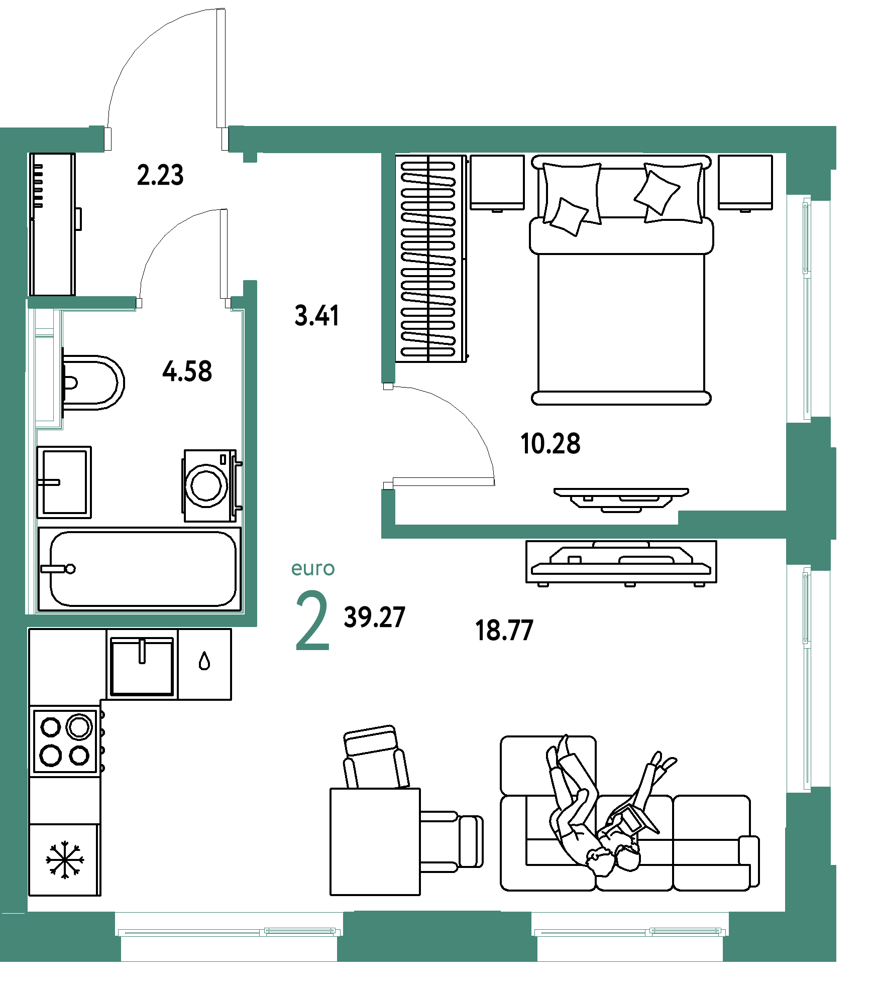 Планировка: Евродвушка 39,27 м² в ЖК «Сердце Сибири»