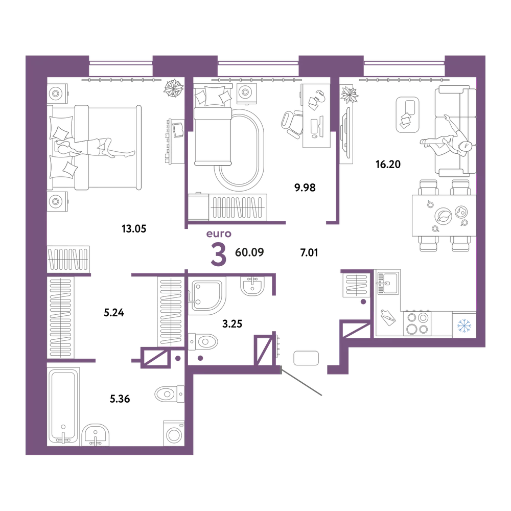 Планировка: Евротрёшка 60,09 м²
