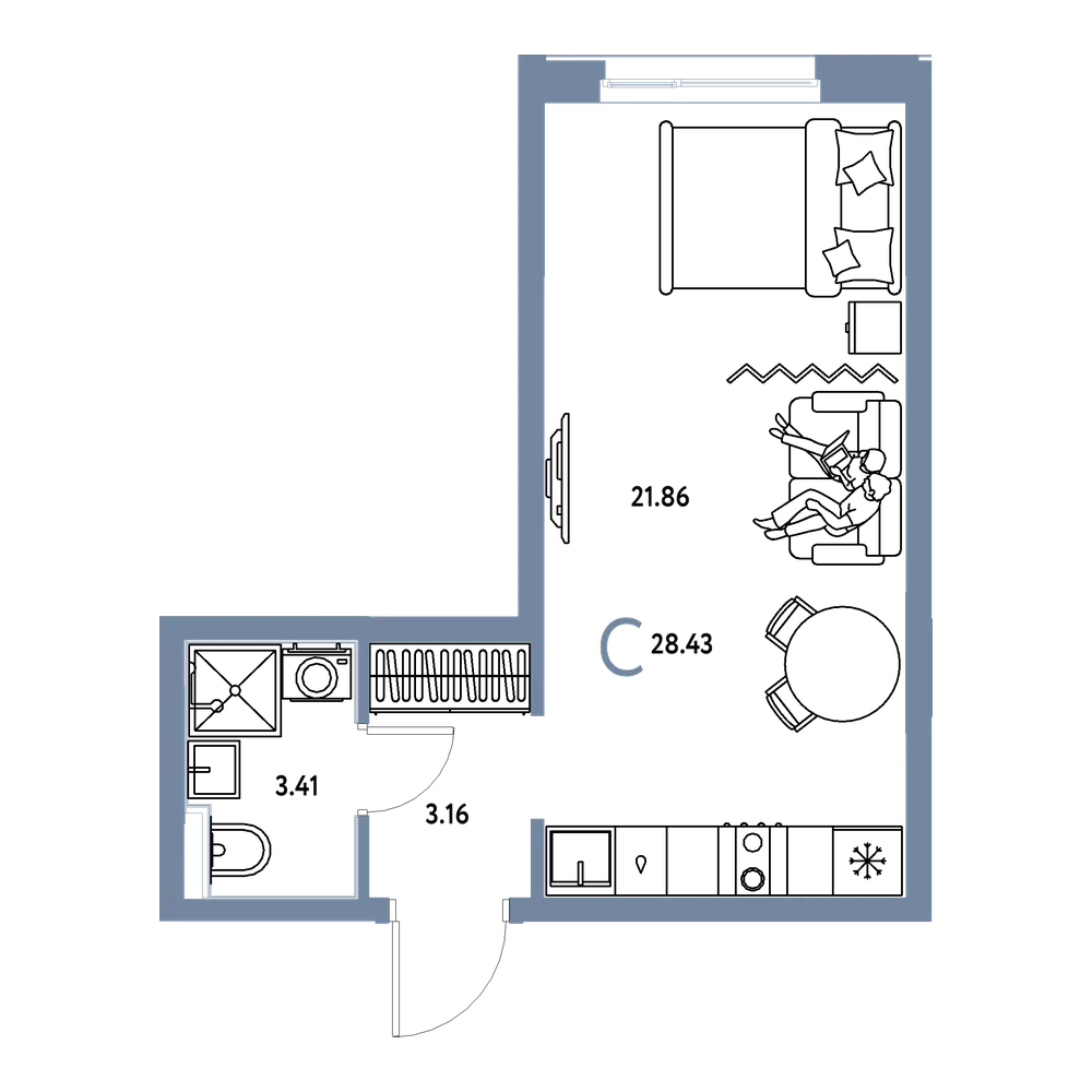 Планировка: Студия 28,43 м²
