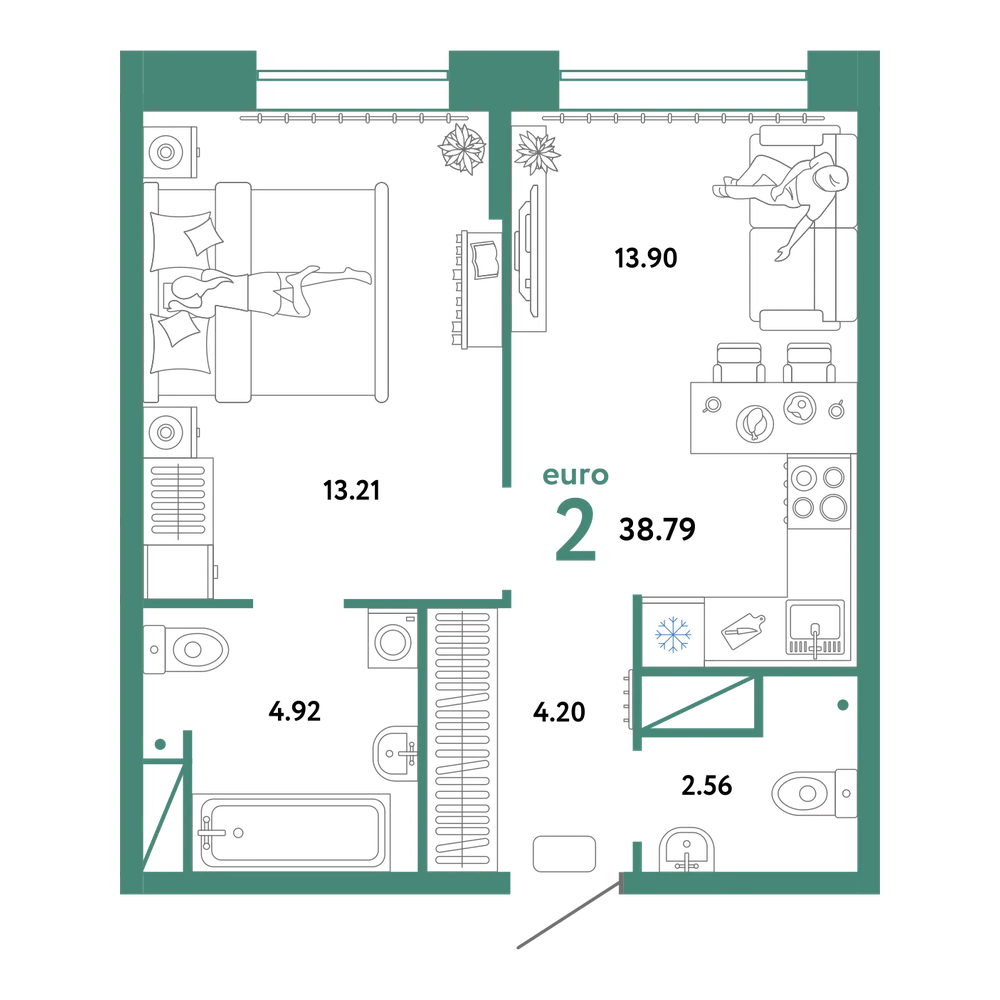 Планировка: Евродвушка 38,79 м²