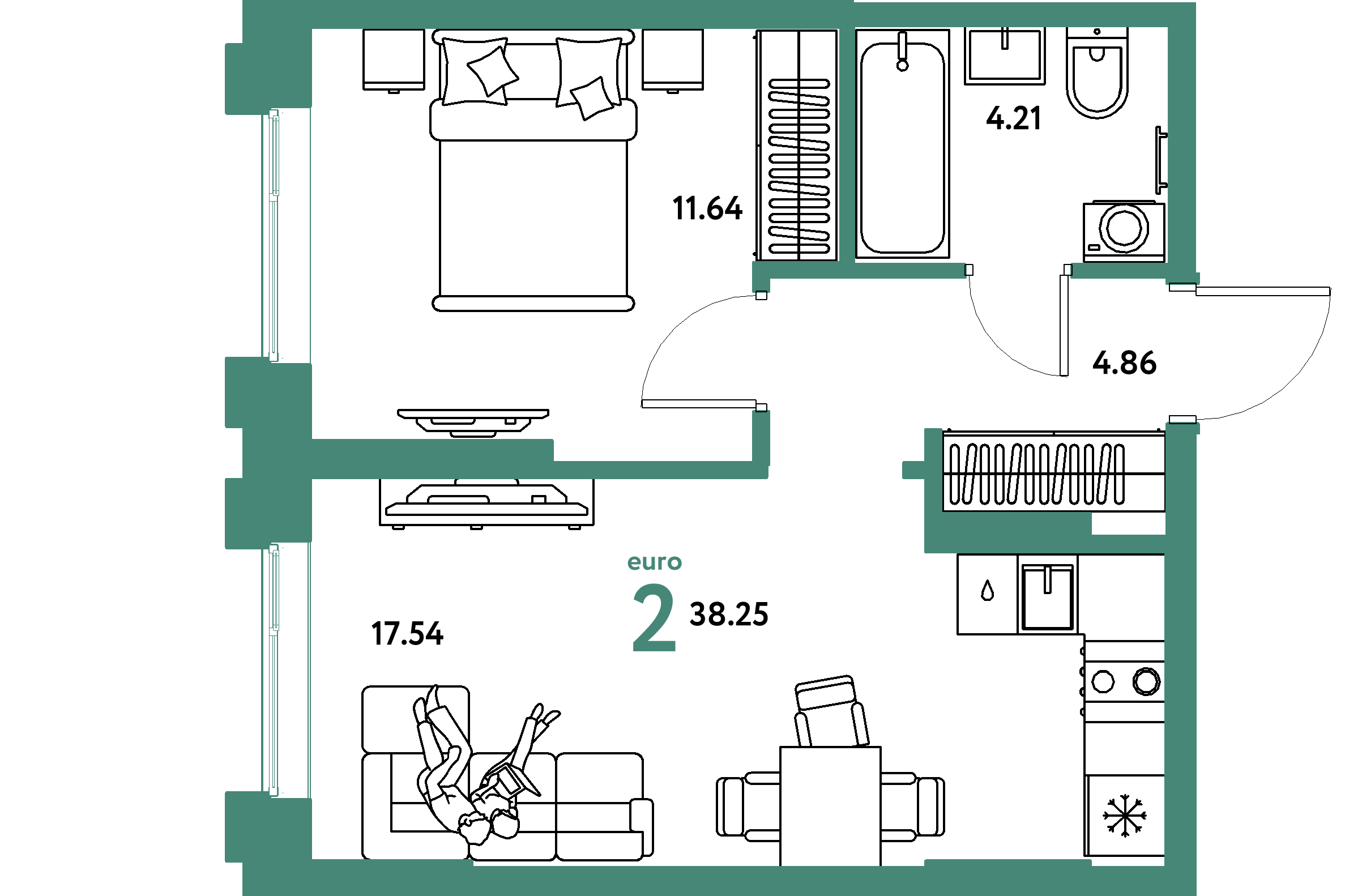 Планировка: Евродвушка 38,25 м² в ЖК «Европейский берег 2.0»