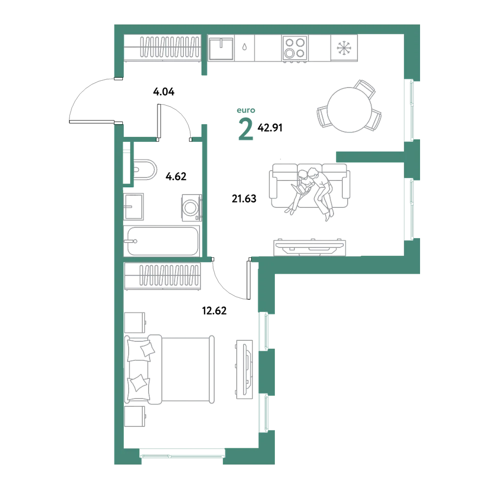 Планировка: Евродвушка 42,91 м²