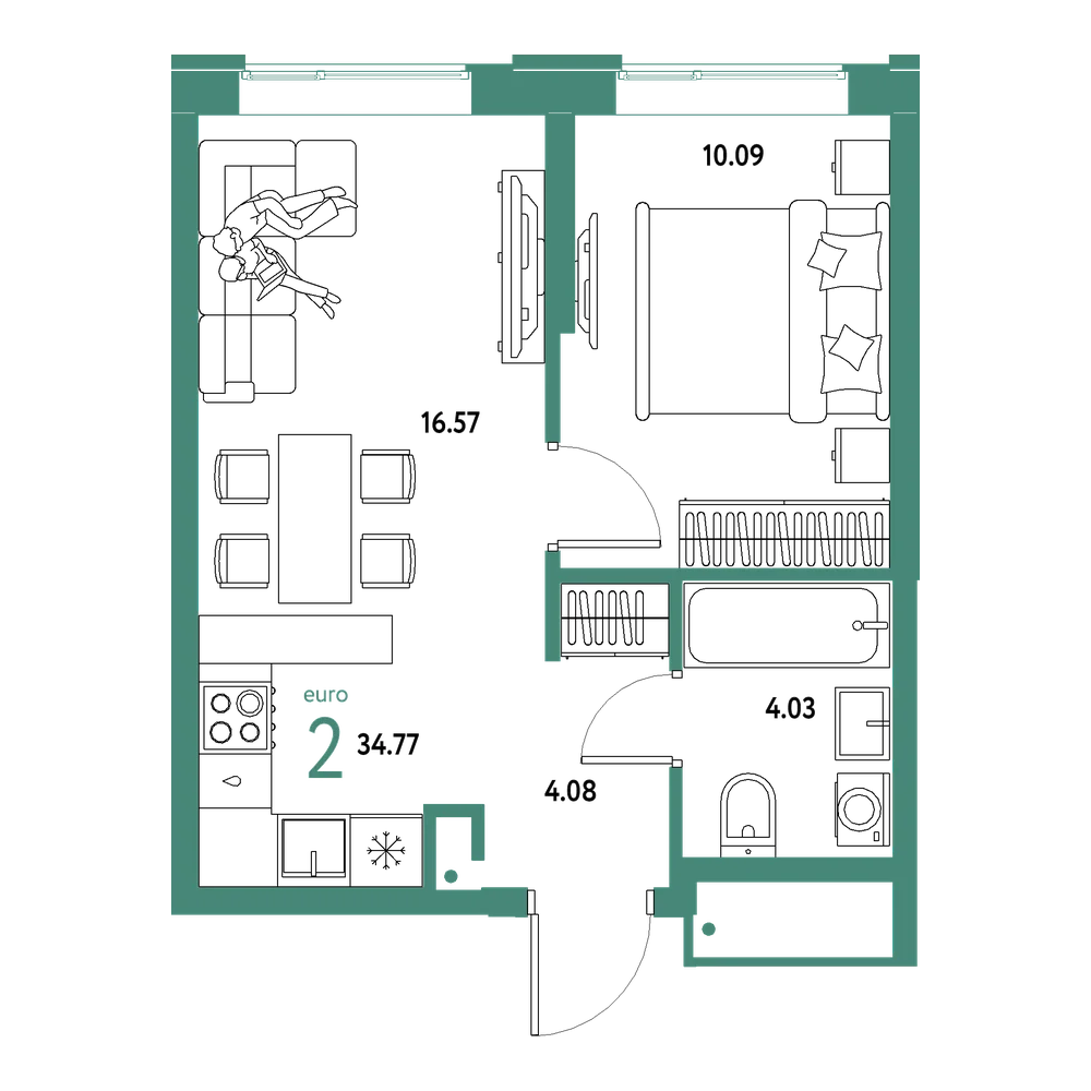 Планировка: Евродвушка 34,77 м²