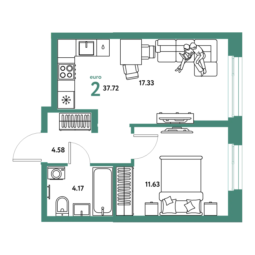Планировка: Евродвушка 37,72 м²