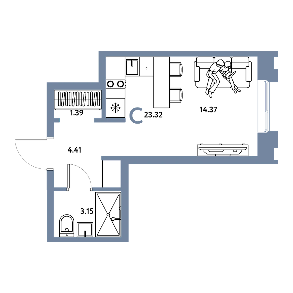 Планировка: Студия 23,32 м²