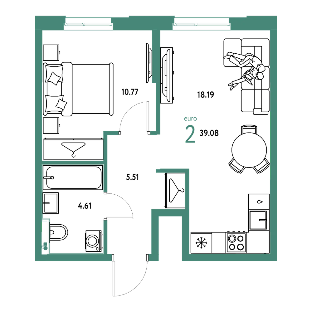 Планировка: Евродвушка 39,08 м²
