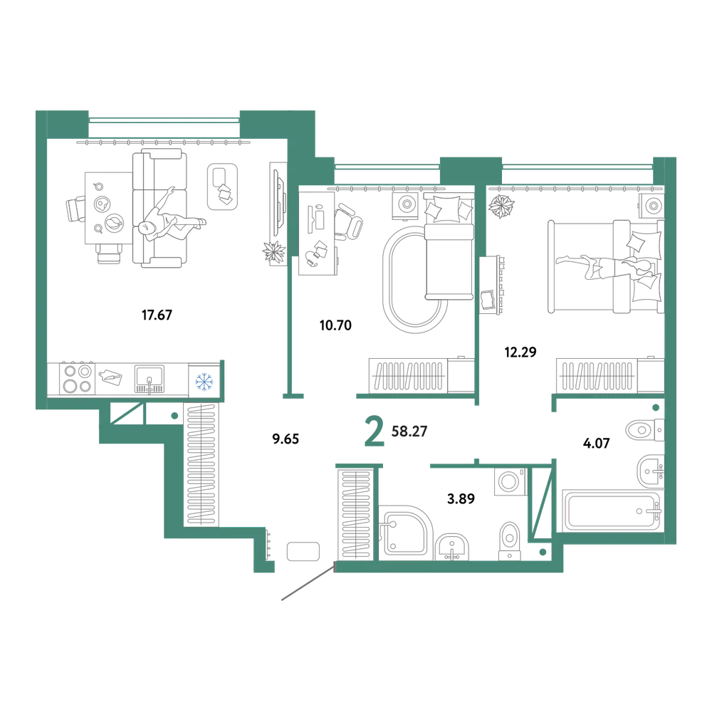 Планировка: 2-комнатная 58,27 м²