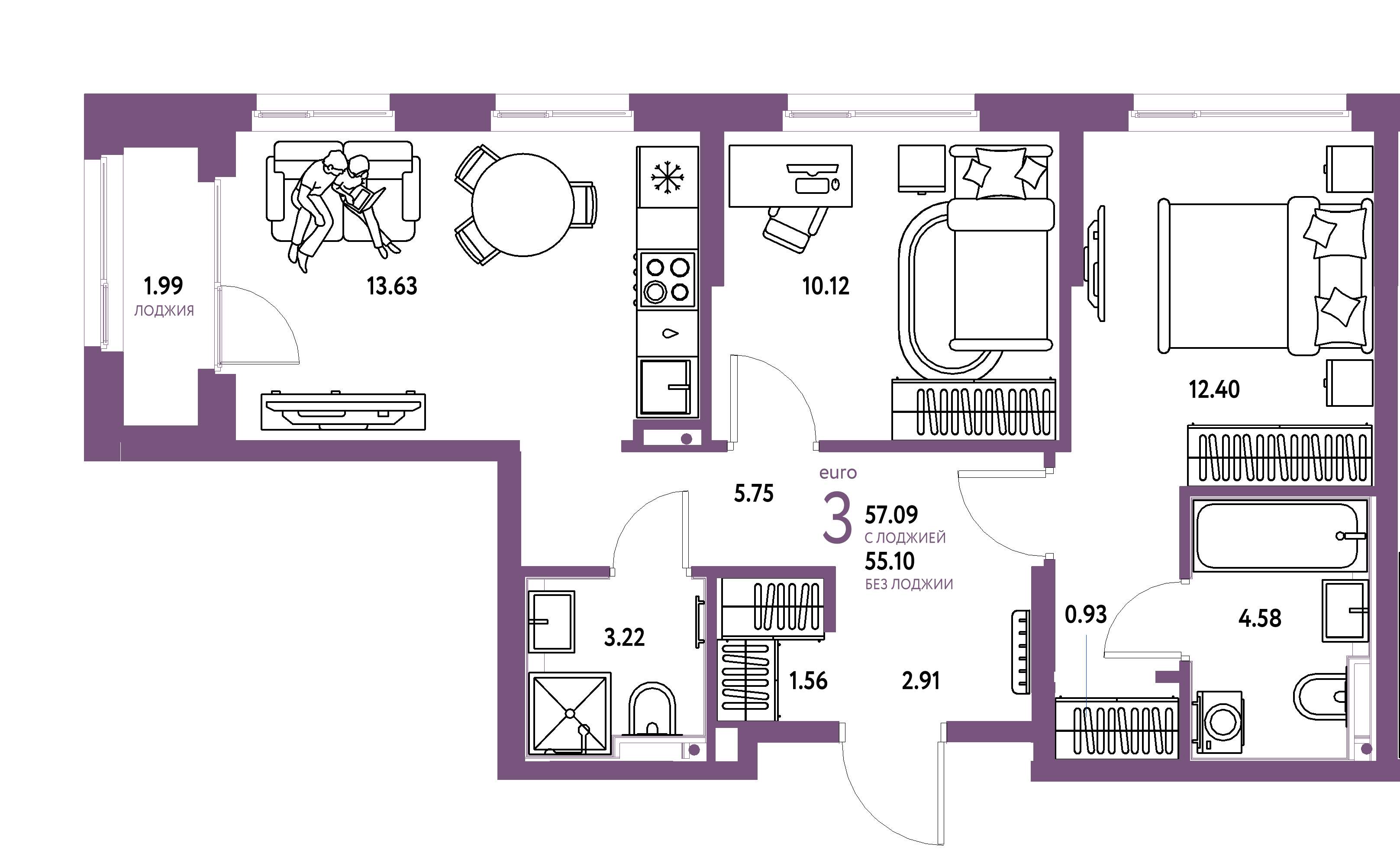 Планировка: Евротрёшка 57,09 м² в ЖК «Сердце Сибири»