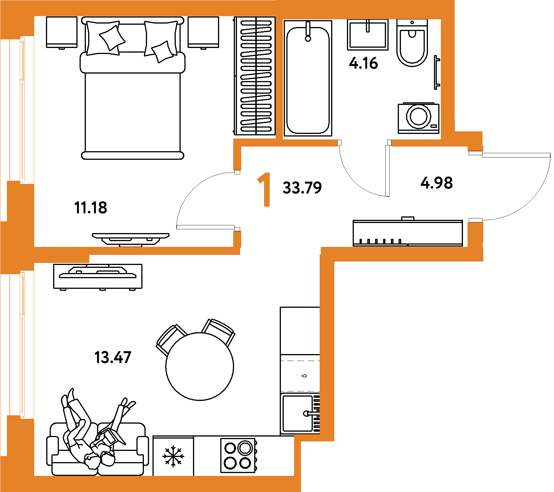 Планировка: 1-комнатная 33,79 м² в ЖК «Европейский берег 2.0»