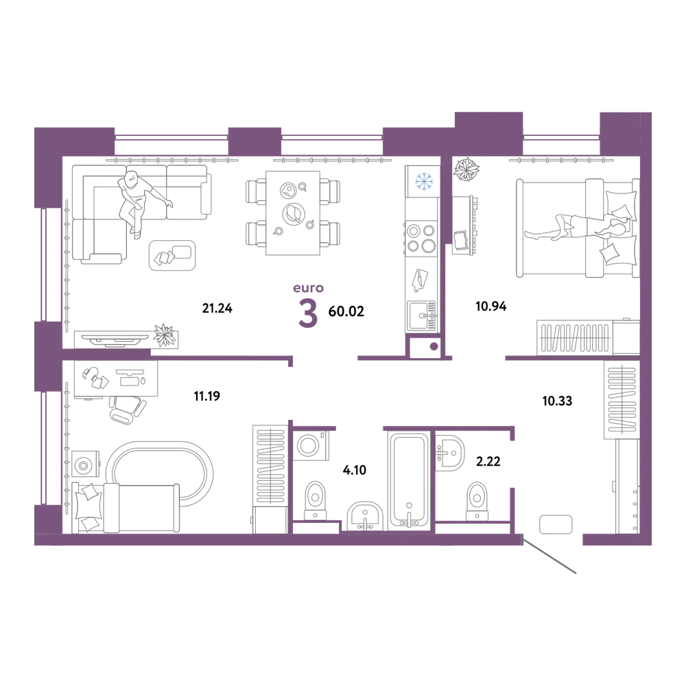 Планировка: Евротрёшка 60,02 м²