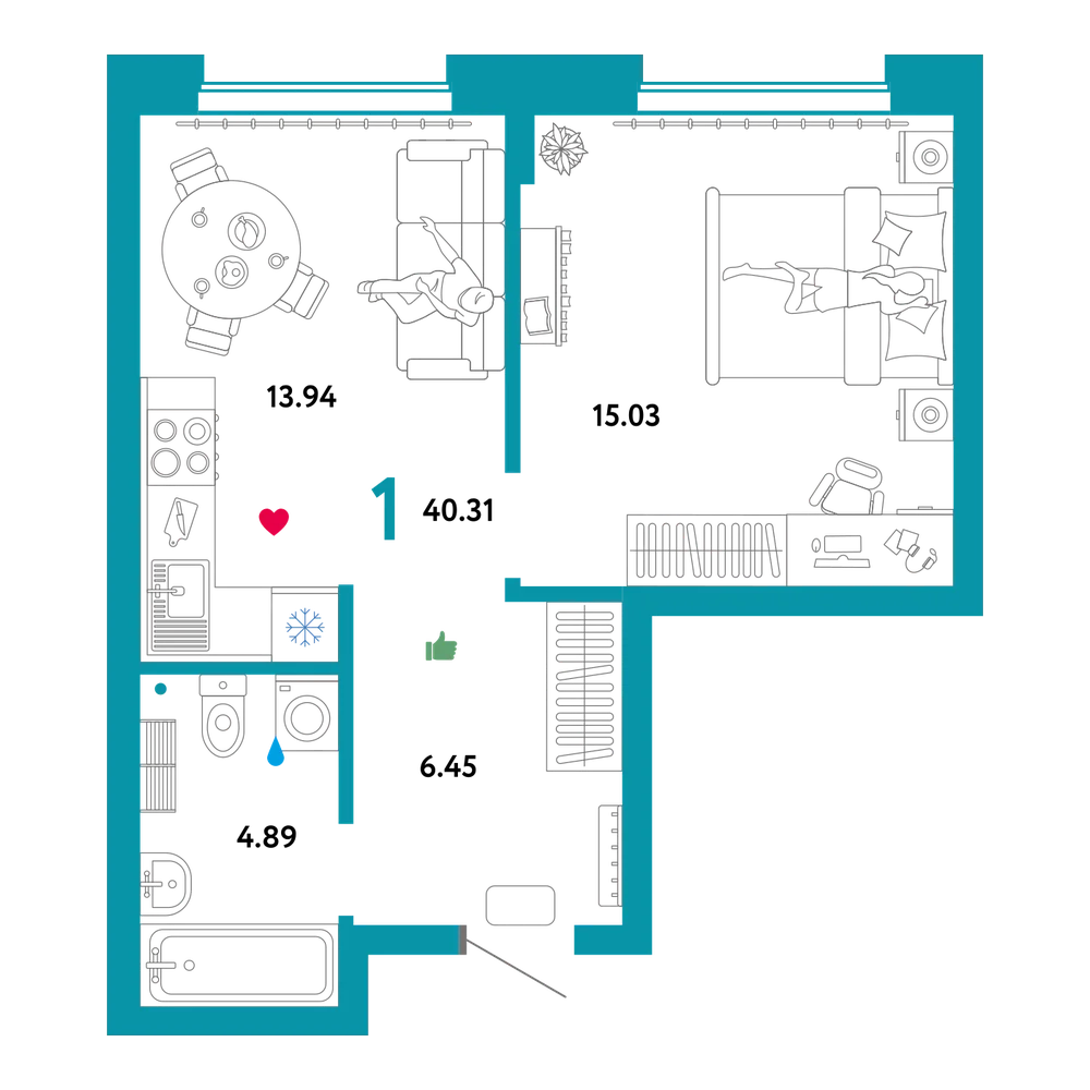 Планировка: 1-комнатная 40,31 м²