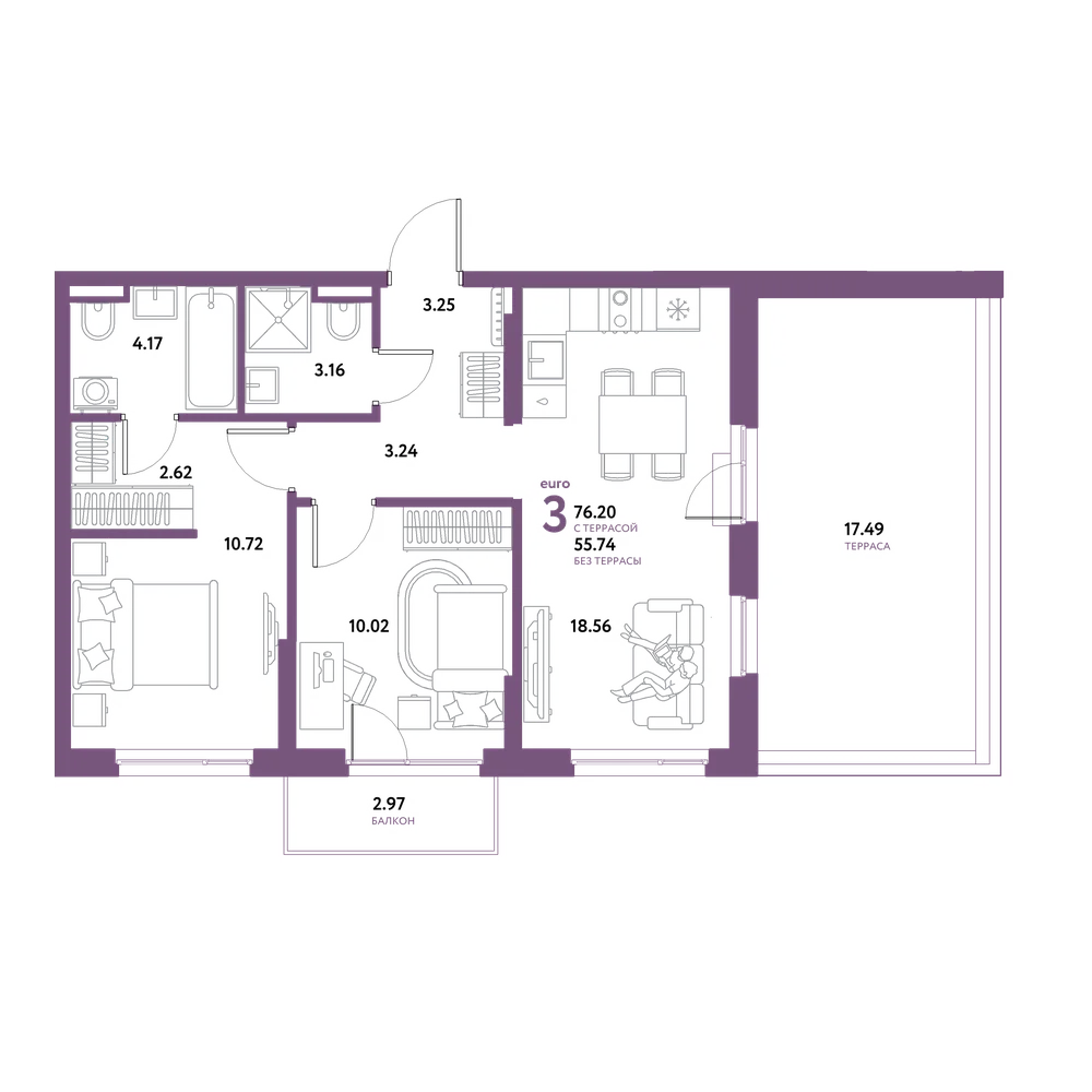 Планировка: Евротрёшка 76,2 м²